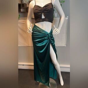Micas Emerald Sexy Side Split‎ Asymmetrical Wrap Midi Ruched Satin Size L